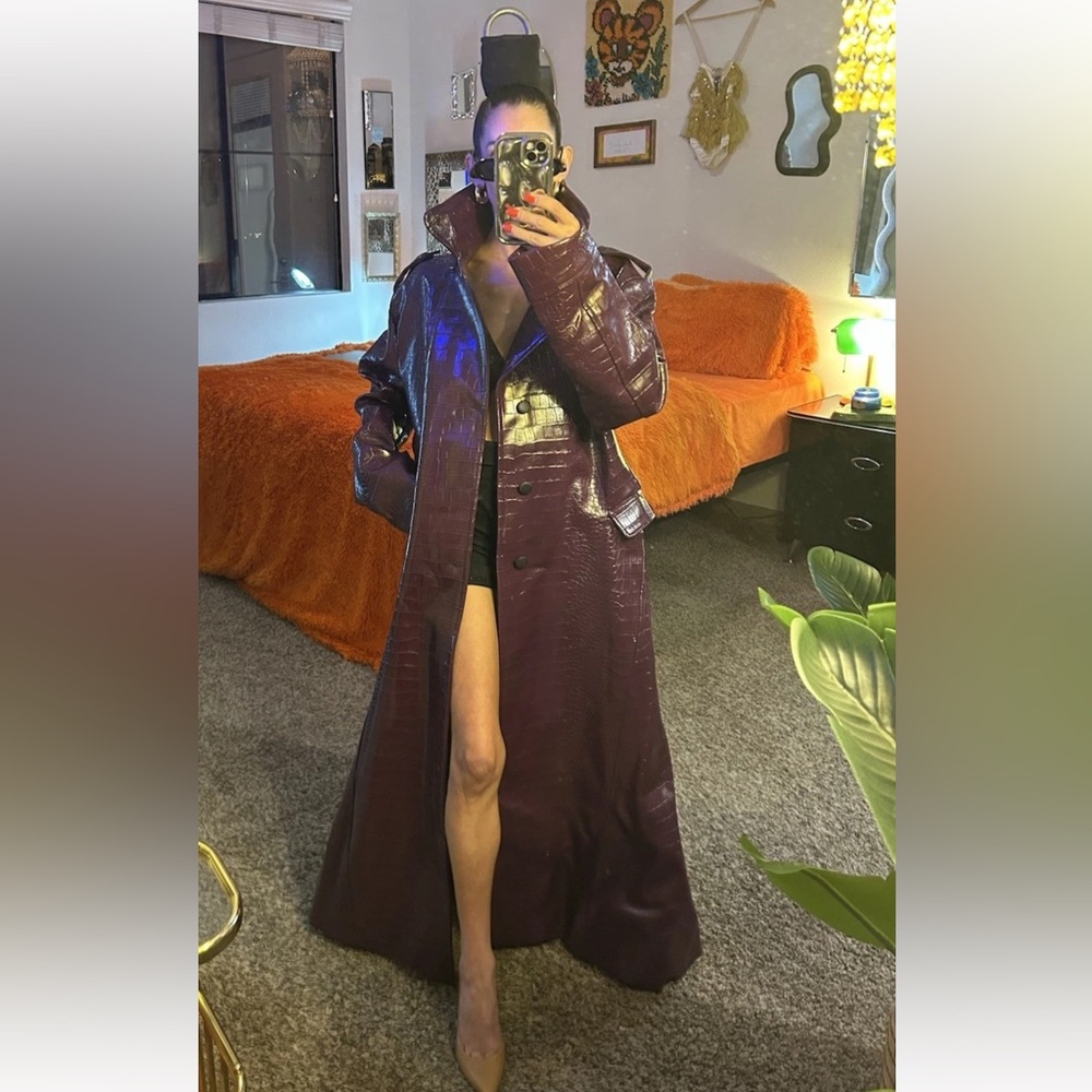 VTG Purple Patent Leather Long Trench Duster Coat Y2K Matrix Cyber Goth Large